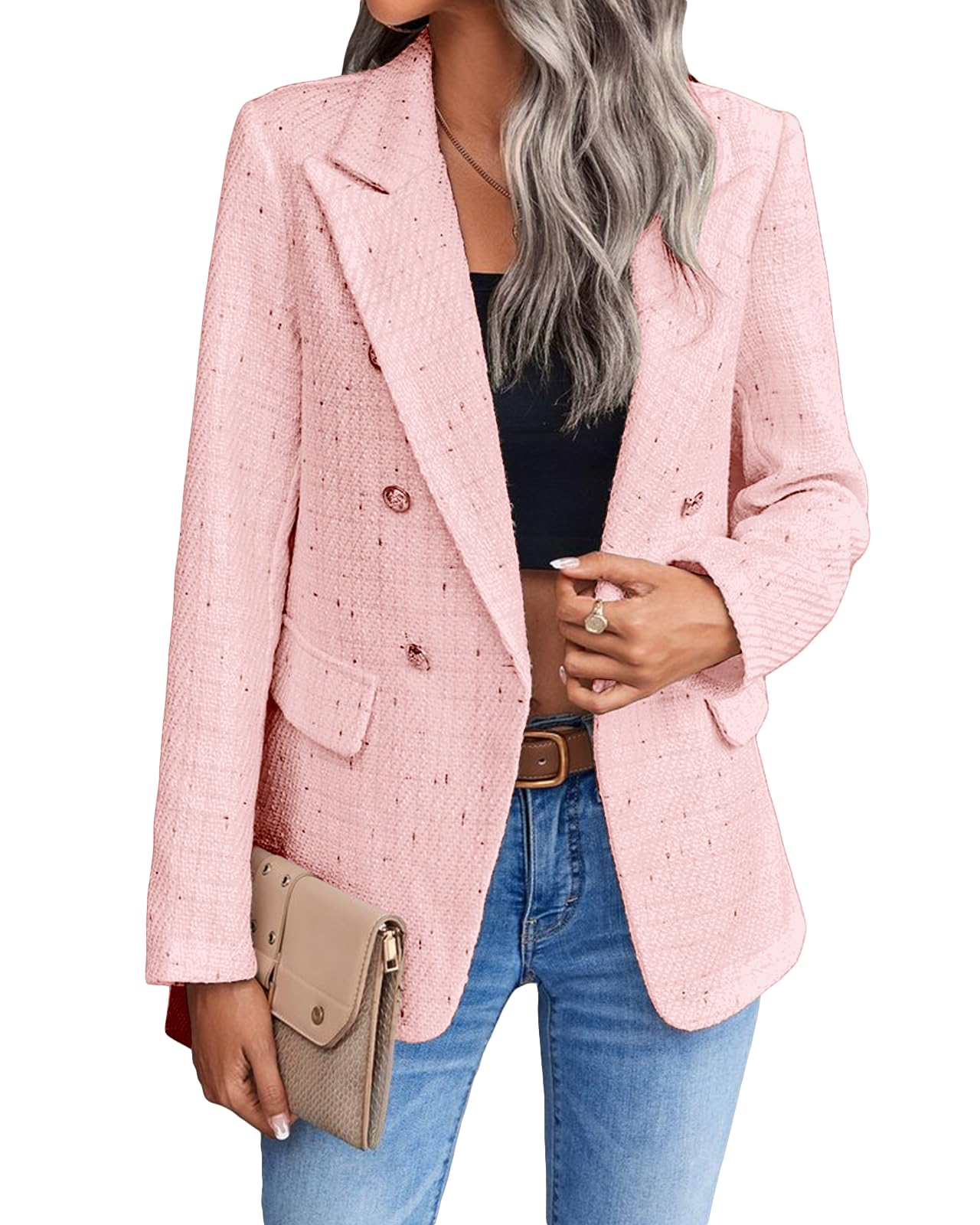 Blazer décontracté pour femme, veste à carreaux en Tweed, ouverte sur le devant, avec poche de costume, printemps 2024 (S-XXL) 