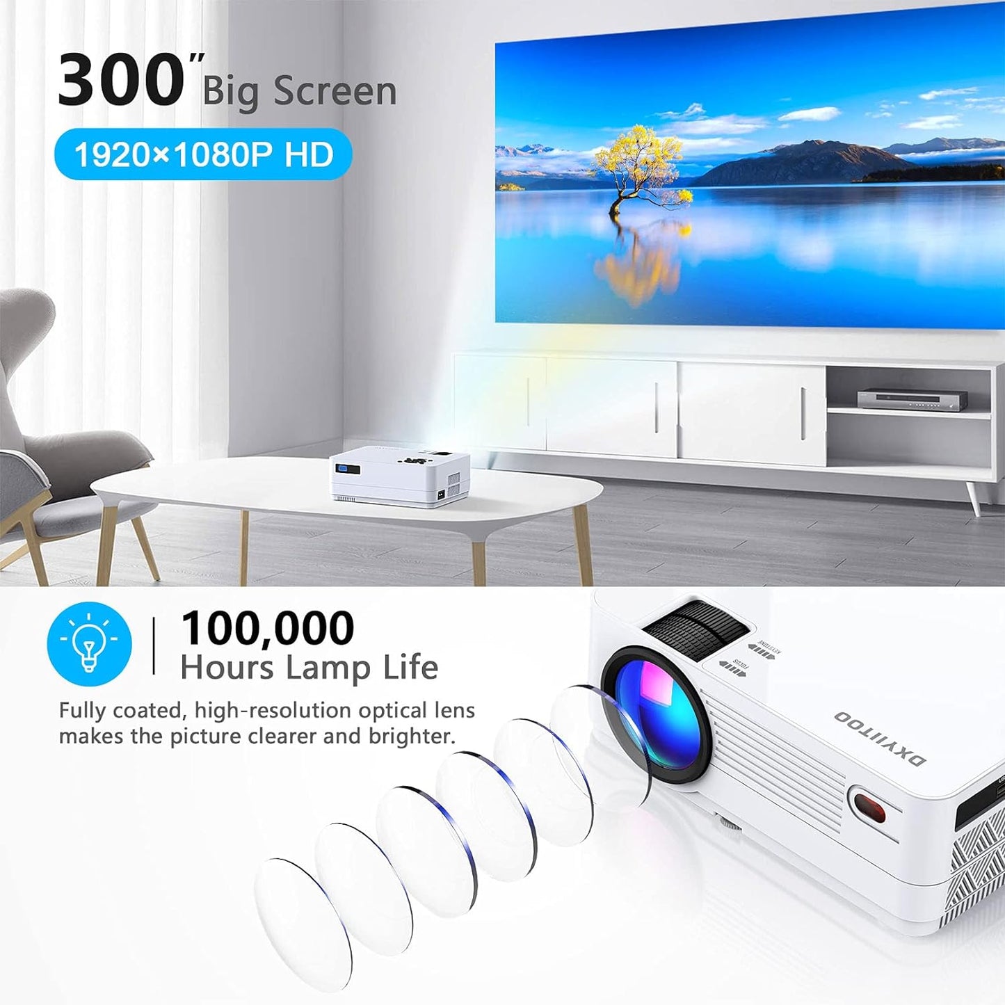 Native 1080P Projector with WiFi and Two-Way Bluetooth, Full HD Movie Projector for Outdoor Movies, 300" Display Projector 4k Home Theater, Compatible with iOS/Android/PC/XBox/PS4/TV Stick/HDMI/USB Xpress