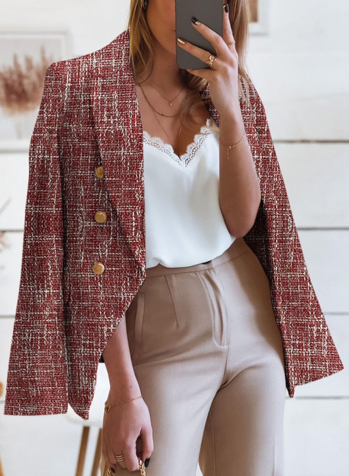 Happy Sailed Blazers de Tweed para Mujer Casual Manga Larga Doble Botonadura Frente Abierto Blazer Chaquetas Trajes de Trabajo 