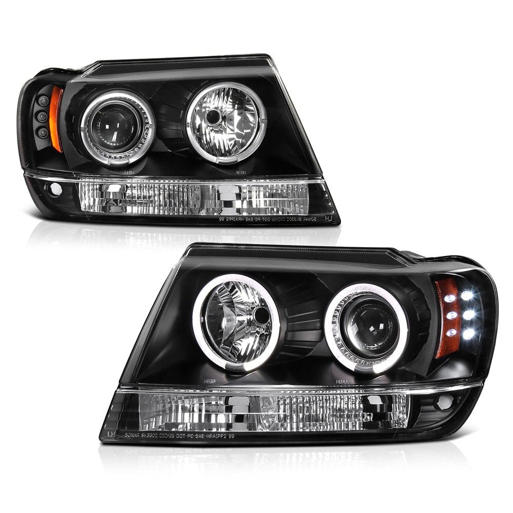 [For 1999-2004 Jeep Grand Cherokee] LED Halo Ring Chrome Housing Projector Headlight Headlamp Assembly, Driver & Passenger Side