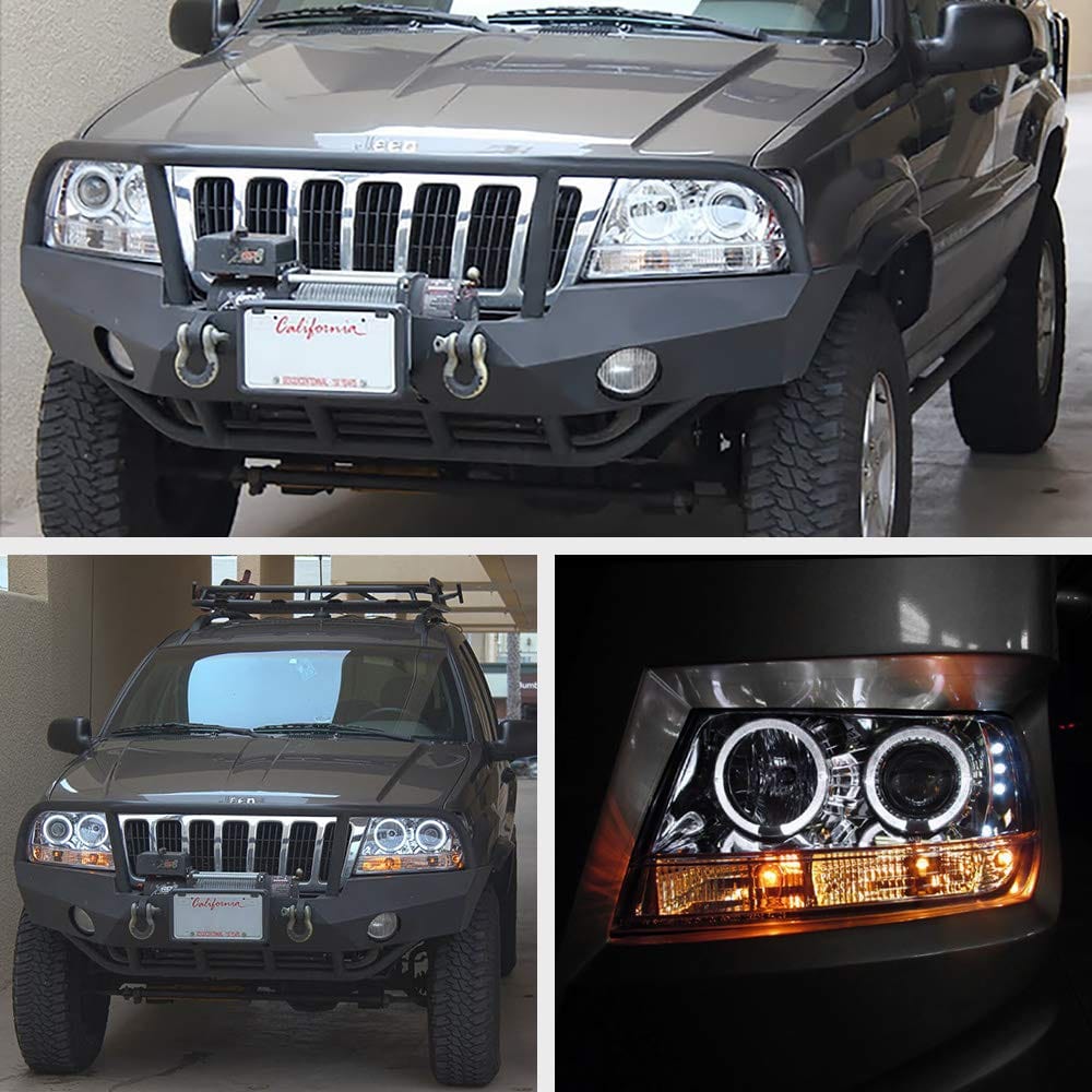 [For 1999-2004 Jeep Grand Cherokee] LED Halo Ring Chrome Housing Projector Headlight Headlamp Assembly, Driver & Passenger Side