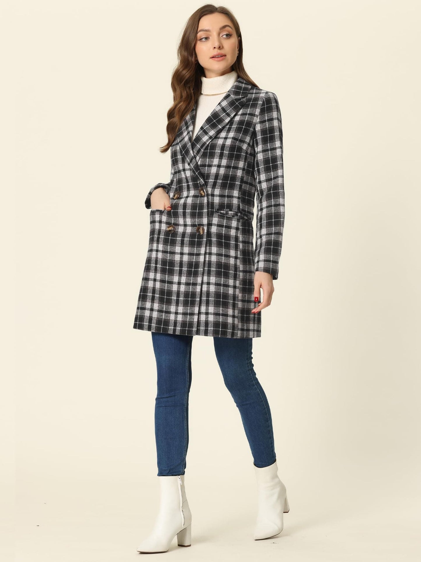 Allegra K Women's Double Breasted Notched Lapel Plaid Trench Blazer Coat