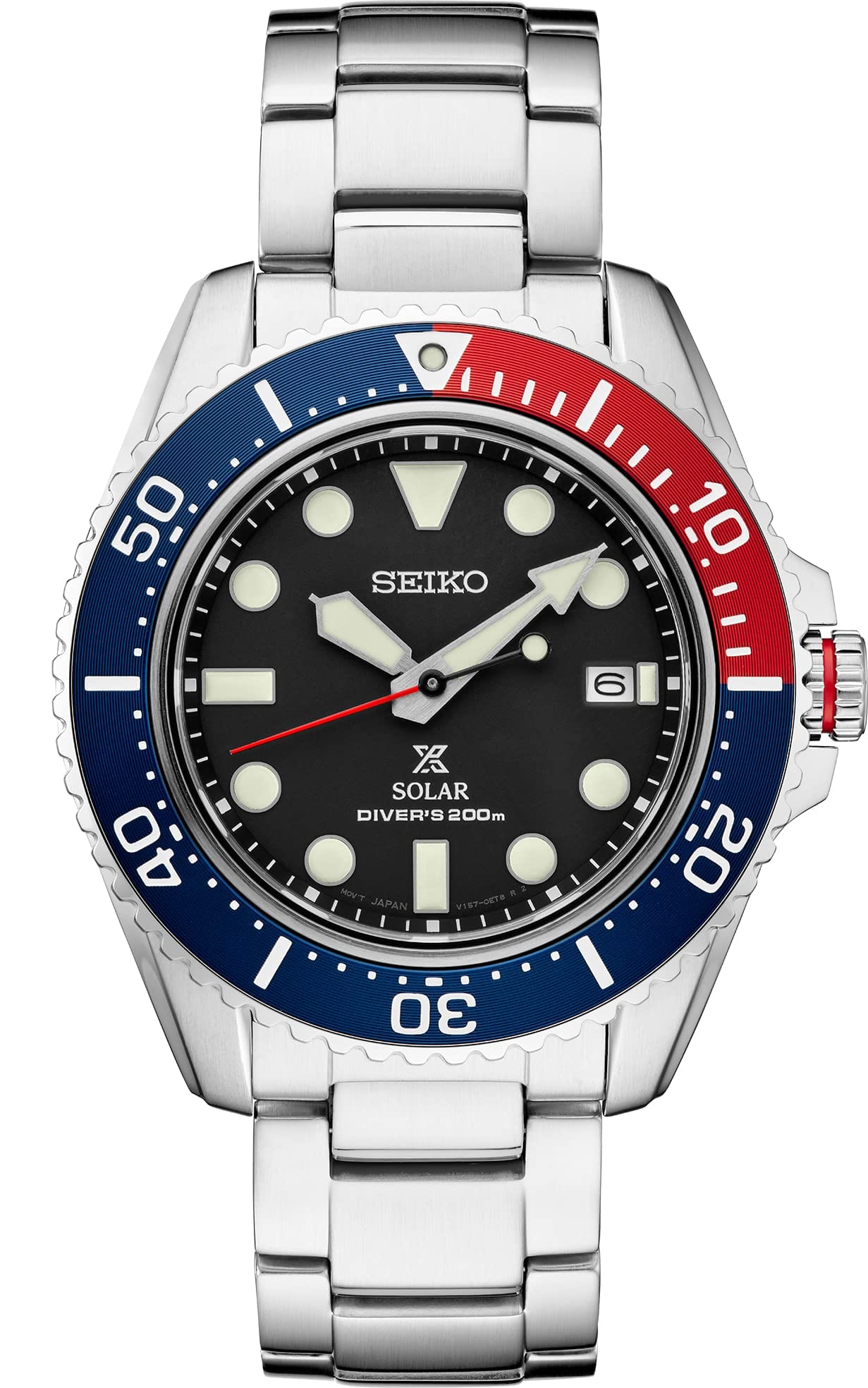 Montre SEIKO PROSPEX Solar Diver en acier inoxydable avec lunette bleue et rouge SNE591