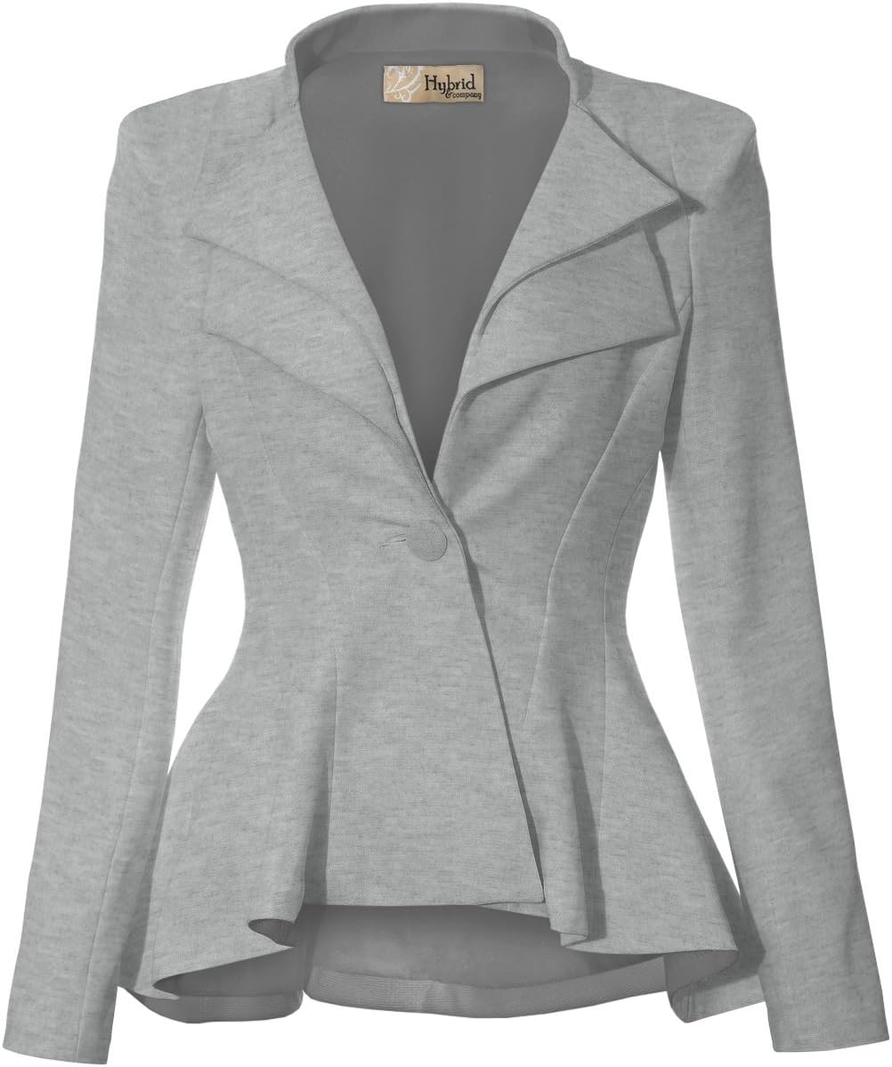 Hybrid & Company Women's Casual Work Office Dressy Double Notch Lapel Sharp Shoulder Pad Single Button Peplum Comfy Blazer