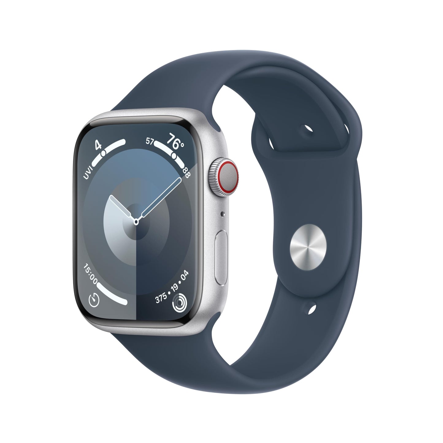 Montre intelligente Apple Watch Series 9 [GPS + Cellular 45 mm] avec boîtier en aluminium argenté avec boucle Sport bleu hiver. Tracker d'activité, applications ECG, écran Retina toujours activé, neutre en carbone 