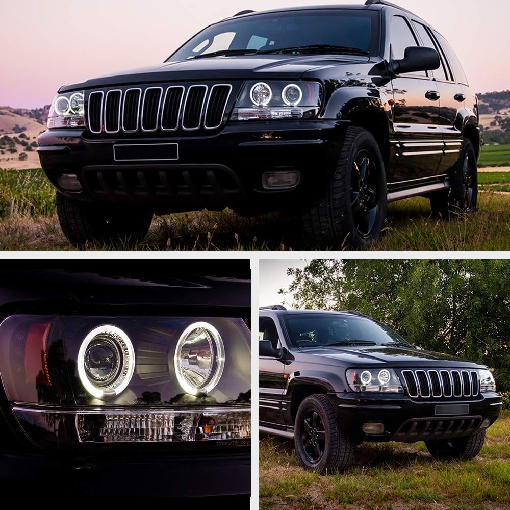 [Pour Jeep Grand Cherokee 1999-2004] Anneau Halo LED avec boîtier chromé, ensemble de phares de projecteur, côté conducteur et passager 