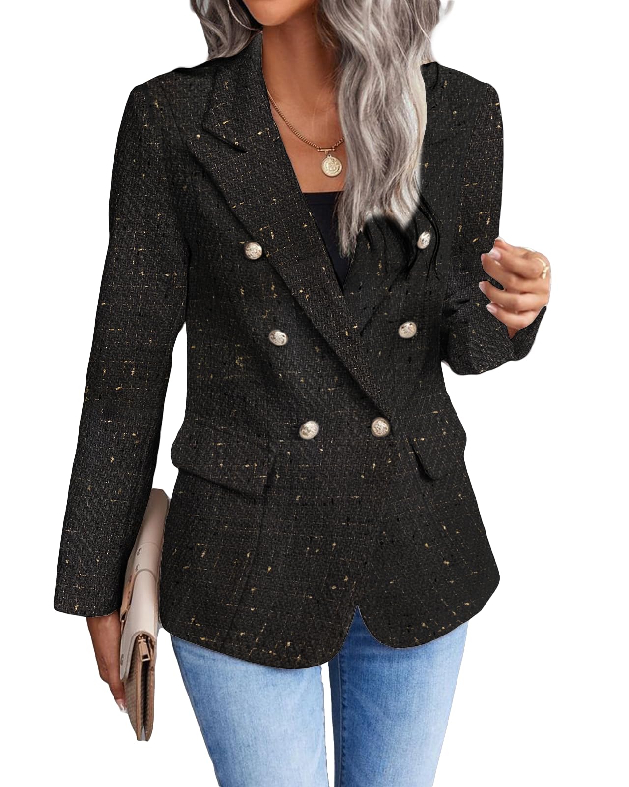 Womens Casual Blazer 2024 Spring Open Front Business Work Tweed Plaid Jacket Suit Pocket (S-XXL)