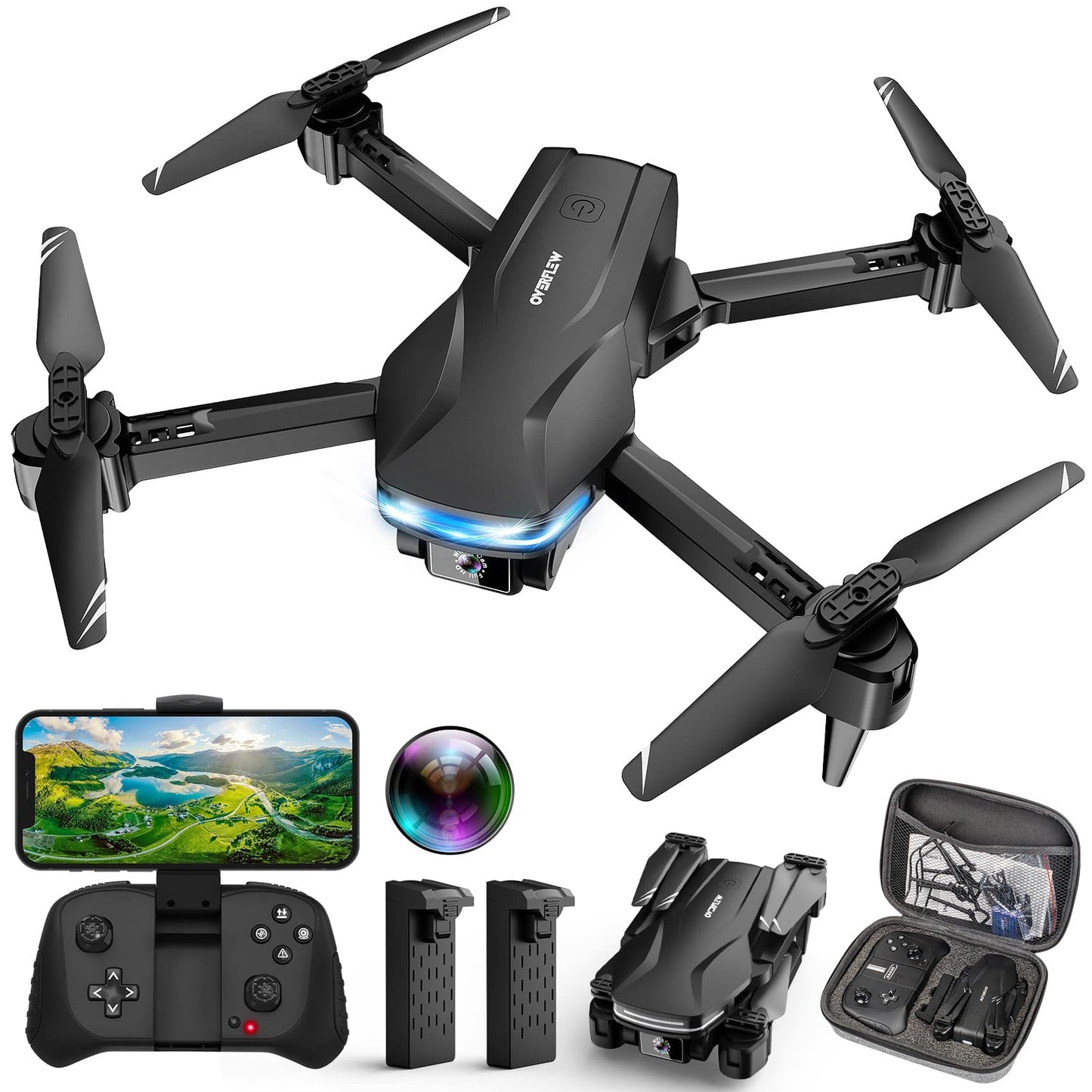 Drone avec caméra 1080P HD FPV pliable pour débutants et enfants, quadricoptère avec commande vocale et gestuelle avec étui de transport, décollage/atterrissage à une touche, positionnement du flux optique, retournement à 360°, vol Waypoint 