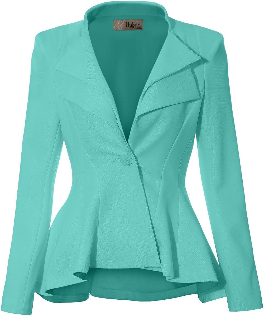 Hybrid & Company Women's Casual Work Office Dressy Double Notch Lapel Sharp Shoulder Pad Single Button Peplum Comfy Blazer