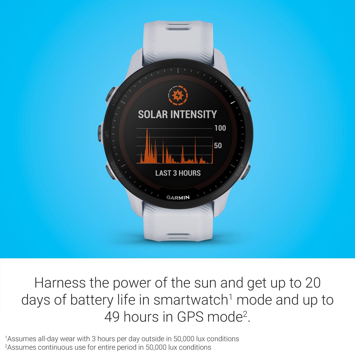 Garmin Forerunner® 955 Solar, reloj inteligente para correr con GPS y capacidad de carga solar, adaptado a triatletas, batería de larga duración, Whitestone 