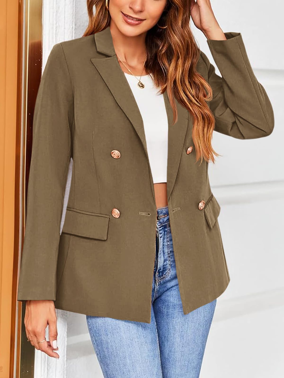 Hdieso Veste blazer décontractée à manches longues et boutons pour femme - Couleur unie 