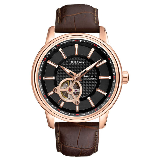 Bulova Reloj clásico automático para hombre con correa de cuero de 3 manecillas, 21 joyas, función Hack, manecillas y marcadores luminosos, apertura abierta y fondo de caja de exhibición 