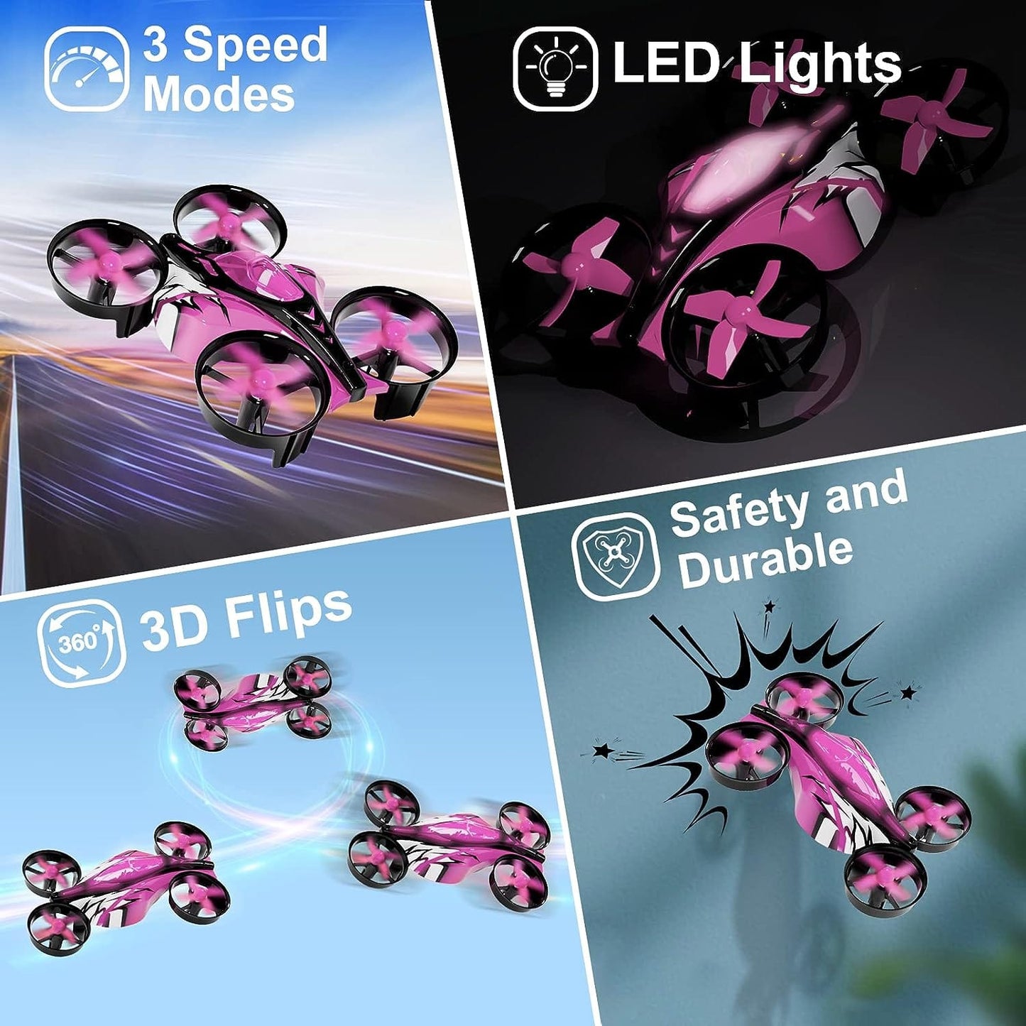 Mini drones 2 en 1 para niños con control remoto, modo tierra o modo vuelo, luces LED, desplazamiento automático, giro 3D, modo sin cabeza y 2 baterías, juguetes regalos para niños y niñas (rosa puerto) 