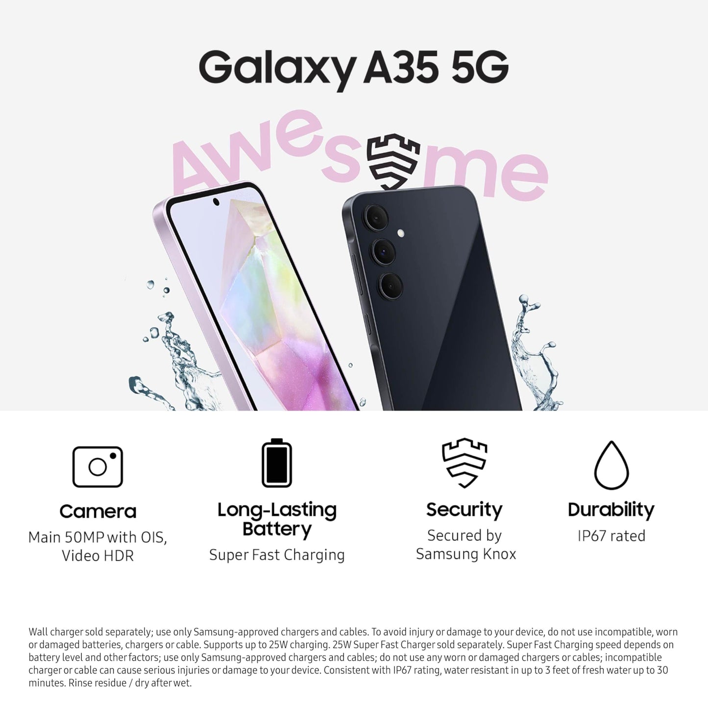 SAMSUNG Galaxy A35 5G Serie A, Smartphone Android Desbloqueado de 128 GB, Pantalla AMOLED, Sistema Avanzado de Triple Cámara, Almacenamiento Ampliable, Diseño Robusto, Versión EE. UU., 2024, Impresionante Lila 