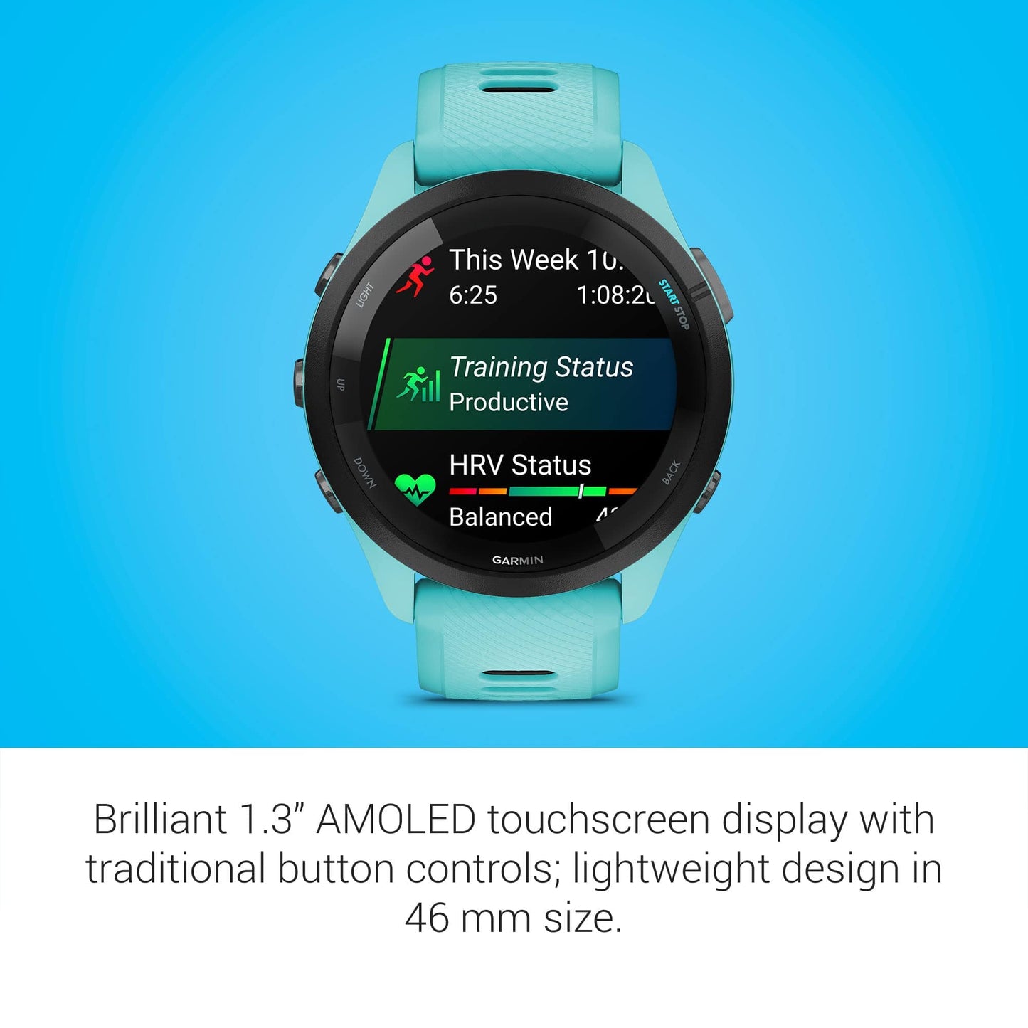 Reloj inteligente para correr Garmin Forerunner 265, pantalla AMOLED colorida, métricas de entrenamiento e información de recuperación, Whitestone y Tidal Blue 