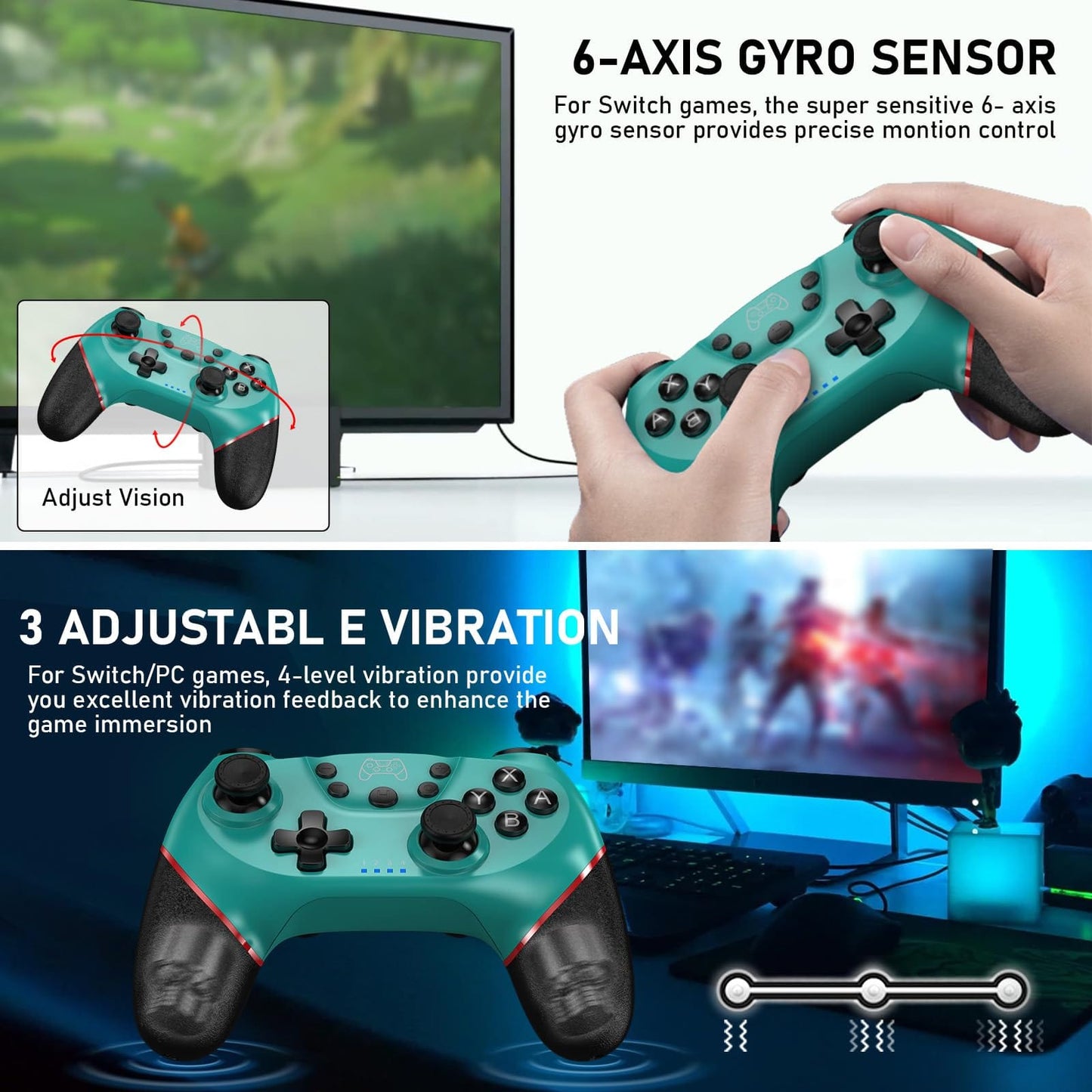 Diswoe Contrôleur sans fil amélioré pour Switch/Lite/OLED Pro Contrôleur pour Switch Remote Joystick Gamepad Prend en charge le réveil, l'axe gyroscopique, le turbo, la double vibration et la fonction de capture d'écran 