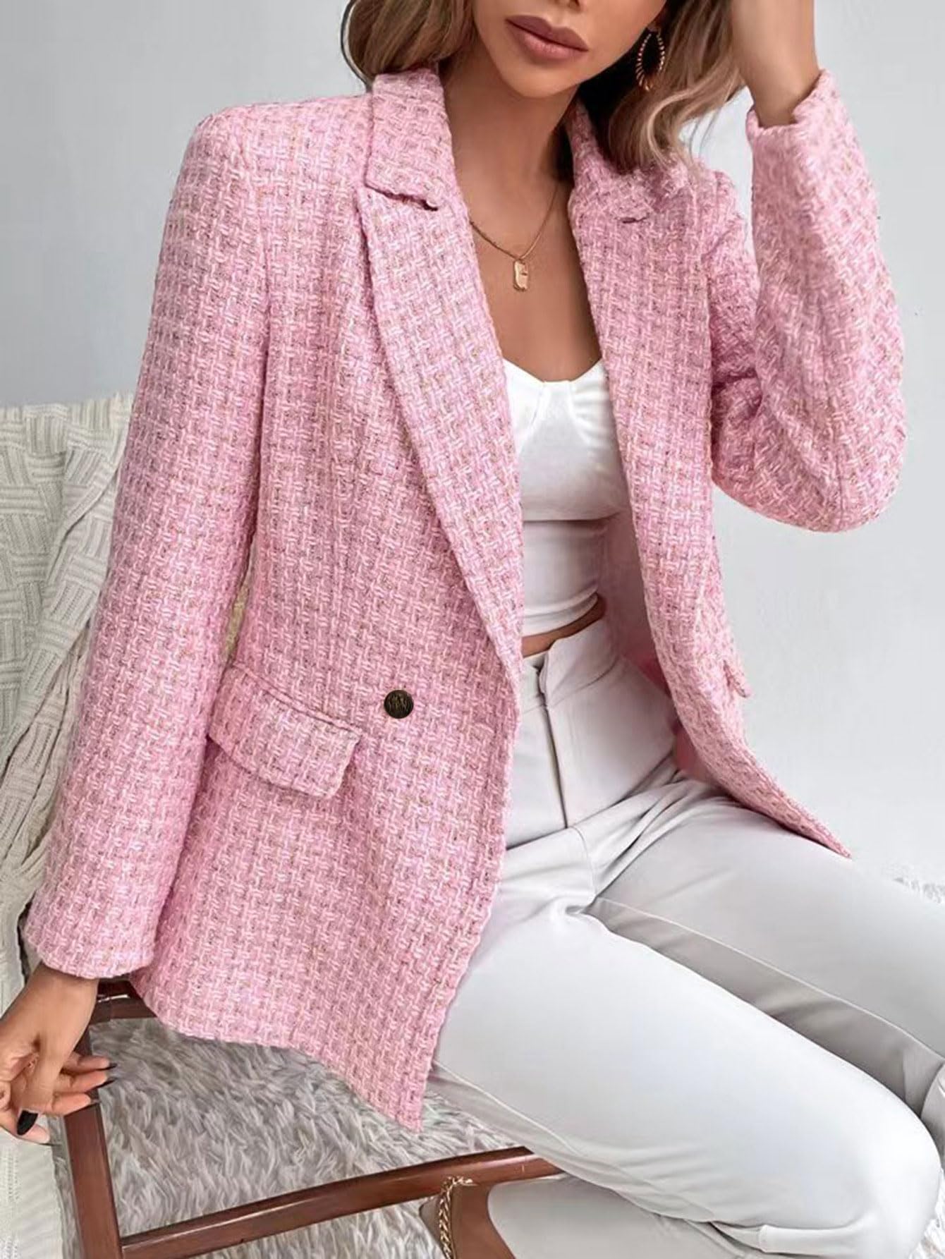 chouyatou Women's Double Breasted Tweed Blazer Jacket Business Casual Dressy Blazer Office Work Suits