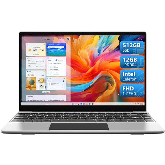 jumper Laptop, 12GB DDR4 RAM 512GB SSD, 14 Inch 1080p FHD IPS Screen, Quad-Core Intel Celeron Processor, UHD Graphics 600, Windows 11, Dual Stereo Speakers, 5G WiFi, Type-C, Webcam.