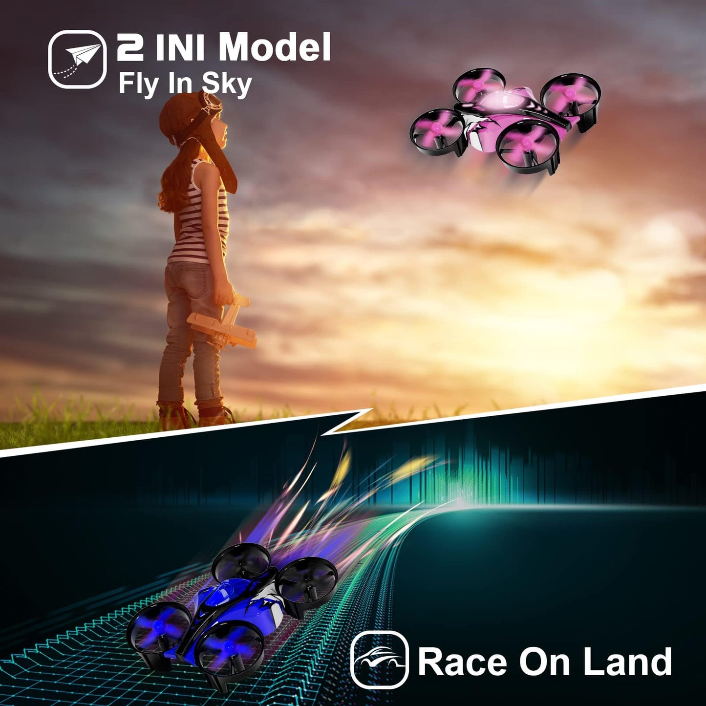 Mini drones 2 en 1 pour enfants, drone télécommandé avec mode terrestre ou mode vol, lumières LED, vol stationnaire automatique, retournement 3D, mode sans tête et 2 piles, jouets cadeaux pour garçons et filles (rose port) 