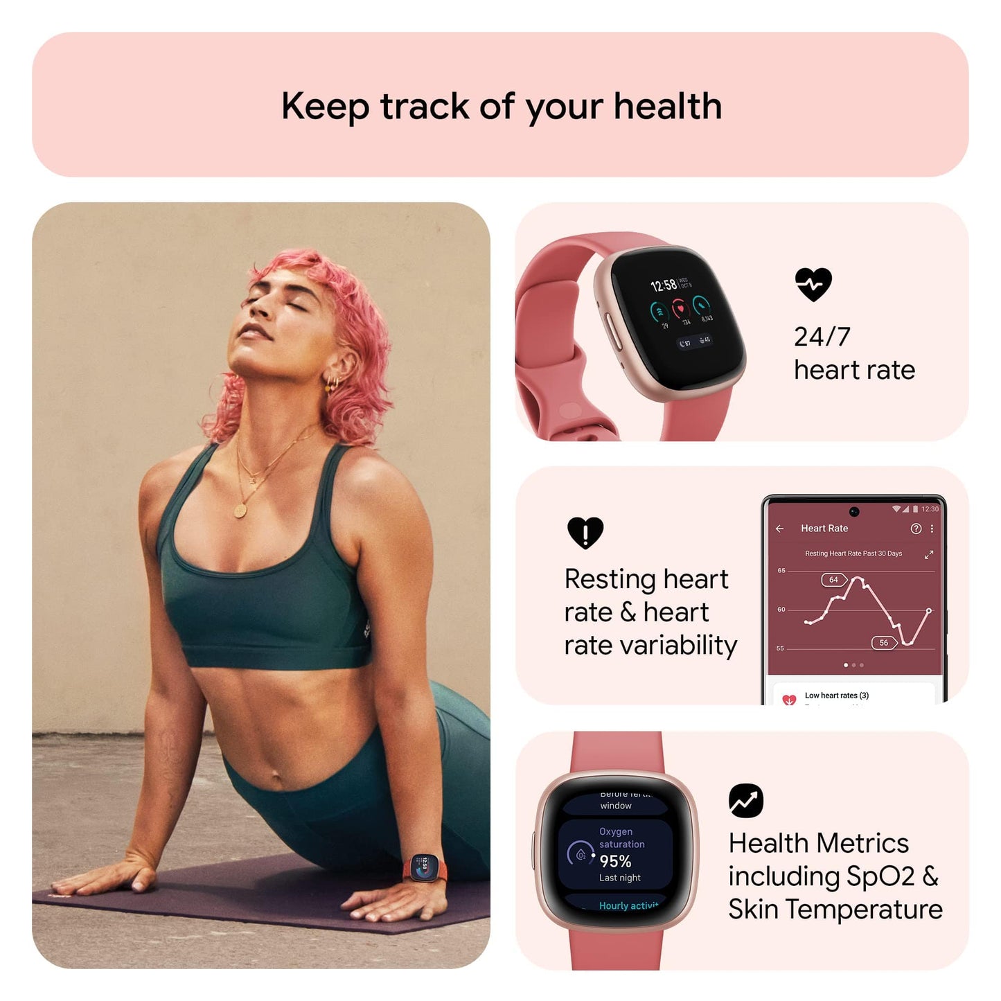 Reloj inteligente Fitbit Versa 4 Fitness con preparación diaria, GPS, frecuencia cardíaca 24 horas al día, 7 días a la semana, más de 40 modos de ejercicio, seguimiento del sueño y más, rosa arena/rosa cobre, talla única (bandas S y L incluidas) 