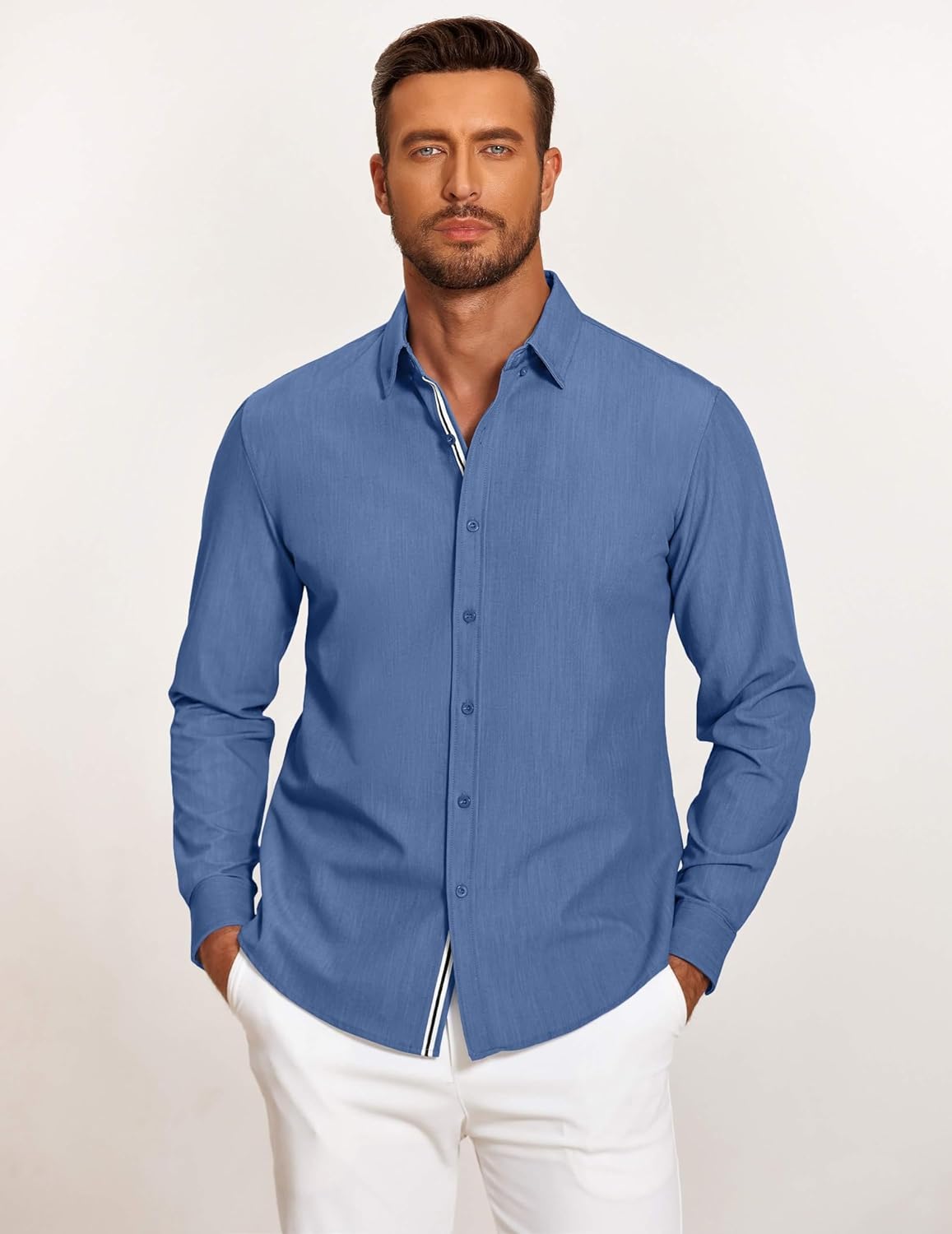 COOFANDY Mens Casual Button Down Shirt Untucked Long Sleeve Stretch Denim Dress Shirt Xpress