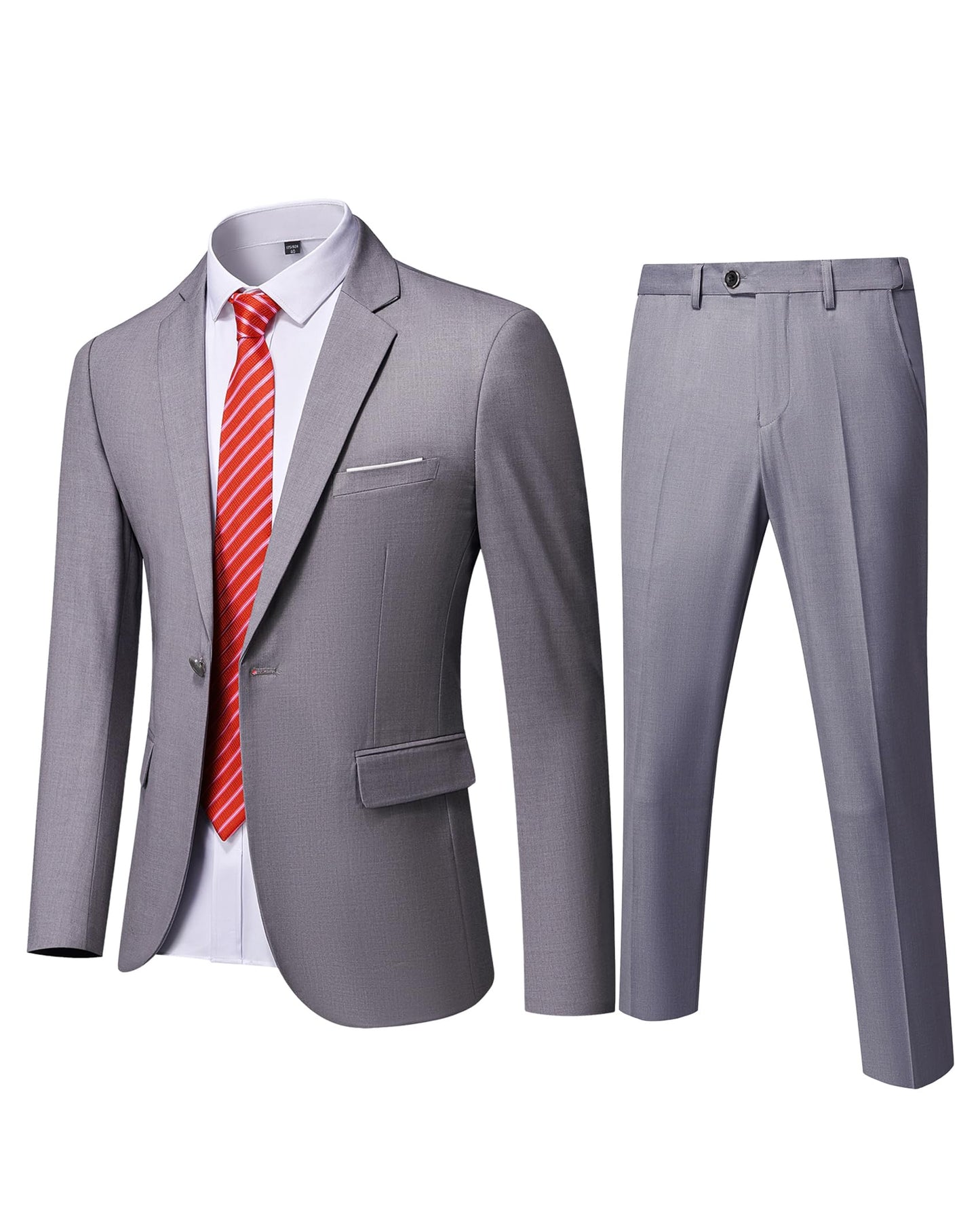 YND Men's Slim Fit 2 Piece Suit, One Button Solid Jacket Pants Set with Tie