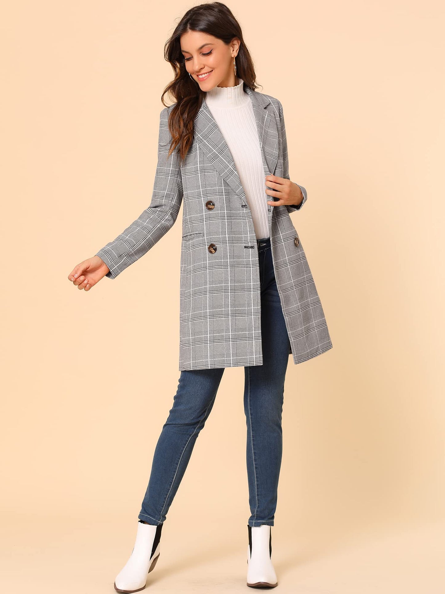 Allegra K Women's Double Breasted Notched Lapel Plaid Trench Blazer Coat