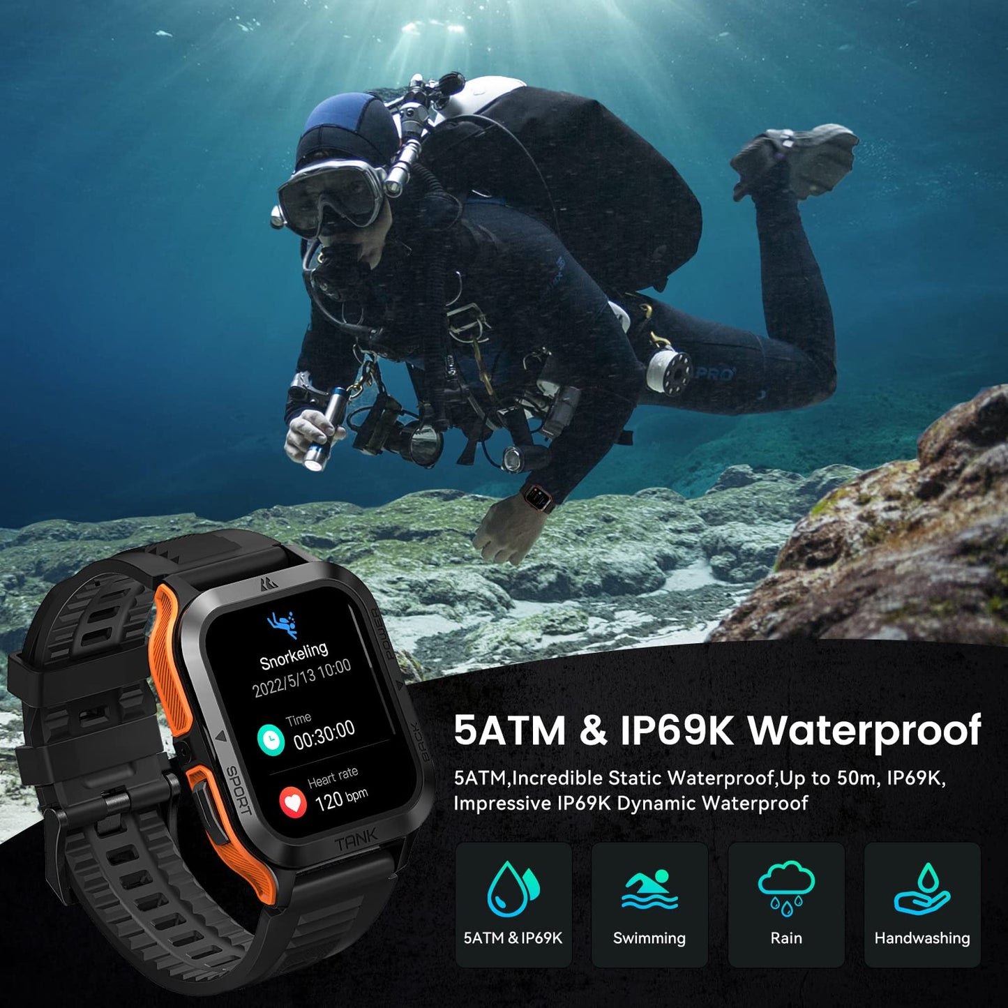 AMAZTIM Smart Watch, 60 Days Extra-Long Battery, 50M Waterproof, Rugged Military Bluetooth Call(Answer/Dial Calls),1.85" Ultra Large HD Display, AI Voice Assistant,Compatible for Android and iOS(Red)