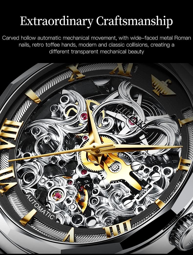 OUPINKE Men's Skeleton Mechanical Watches Luxury Dress Automatic Self Winding Sapphire Crystal Waterproof Tungsten Steel Band Wrist Watches