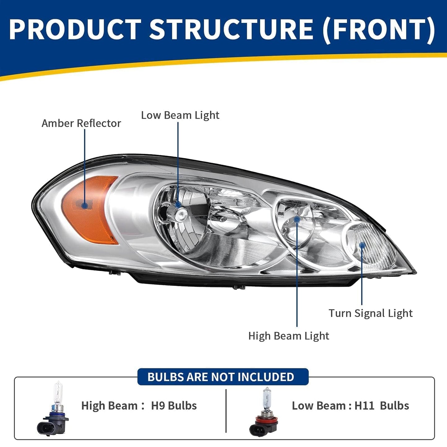 AUTOSAVER88 Conjunto de faros delanteros compatible con Chevy Impala 06 07 Chevy Monte Carlo 2006-2013, luz de conducción de repuesto, carcasa cromada, reflector ámbar, lente transparente 