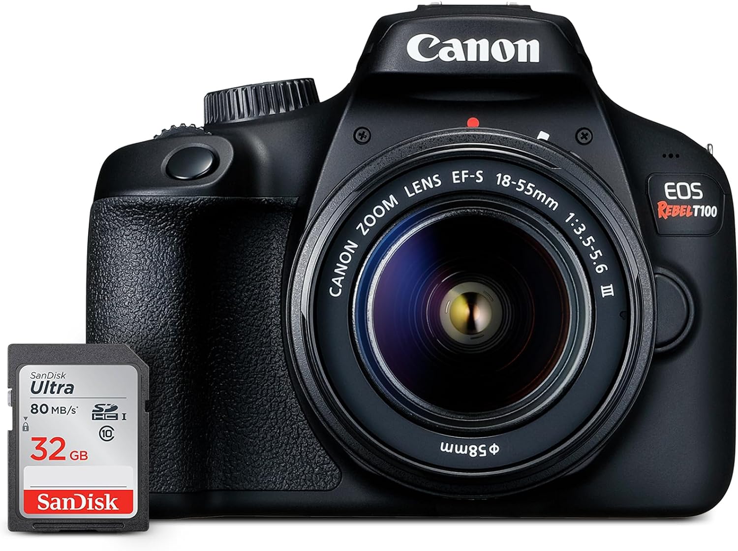 Appareil photo reflex numérique Canon EOS Rebel T100 avec objectif EF-S 18-55 mm f/3.5-5.6 III, capteur CMOS APS-C 18 MP, Wi-Fi intégré, viseur optique, images impressionnantes et vidéos Full HD, carte SD de 32 Go incluse 