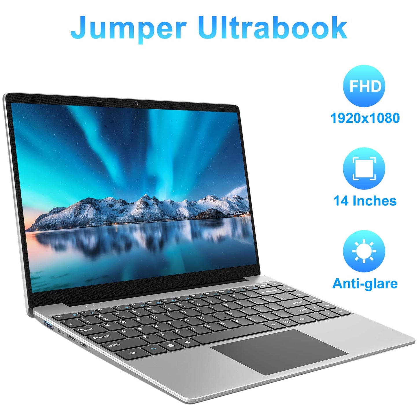 jumper Laptop, 12GB DDR4 RAM 512GB SSD, 14 Inch 1080p FHD IPS Screen, Quad-Core Intel Celeron Processor, UHD Graphics 600, Windows 11, Dual Stereo Speakers, 5G WiFi, Type-C, Webcam.