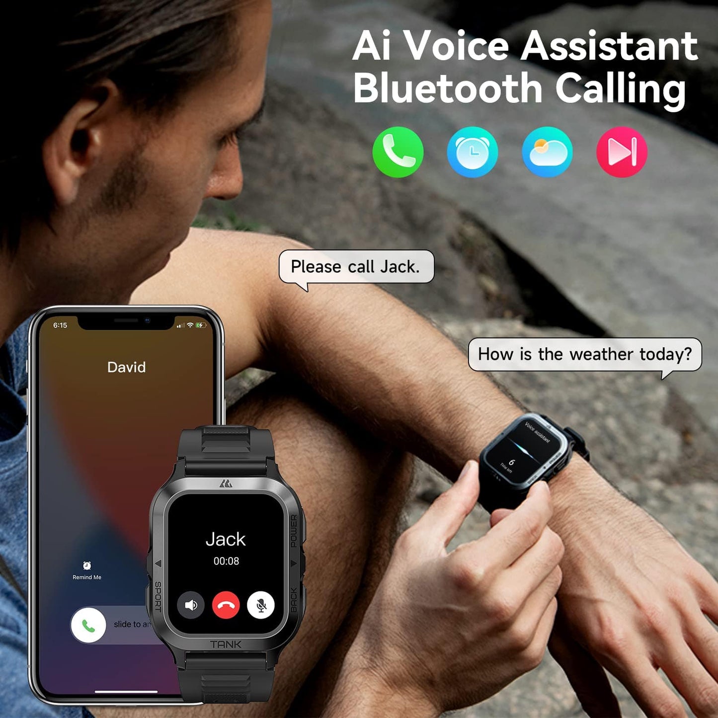 Reloj inteligente AMAZTIM, batería extralarga de 60 días, resistente al agua hasta 50 m, llamada Bluetooth militar resistente (responder/marcar llamadas), pantalla HD ultra grande de 1,85 pulgadas, asistente de voz AI, compatible con Android e iOS (rojo) 