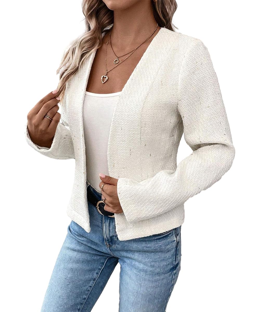 Mina Self 2024 Blazer corto sin cuello de verano, ligero, totalmente forrado, frente abierto, elegante, chaquetas de oficina de trabajo pequeñas 