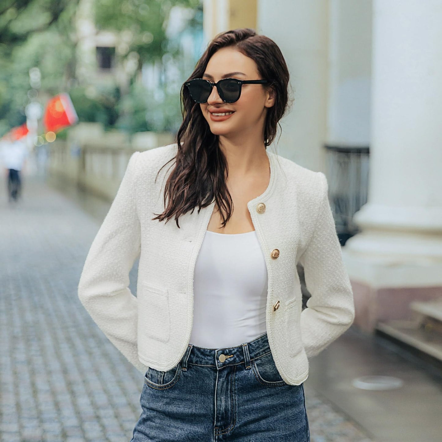 URBAN REVIVO Veste blazer décontractée en tweed pour femme - Courte - Ouverte sur le devant - Bouton doré - Pour le bureau 