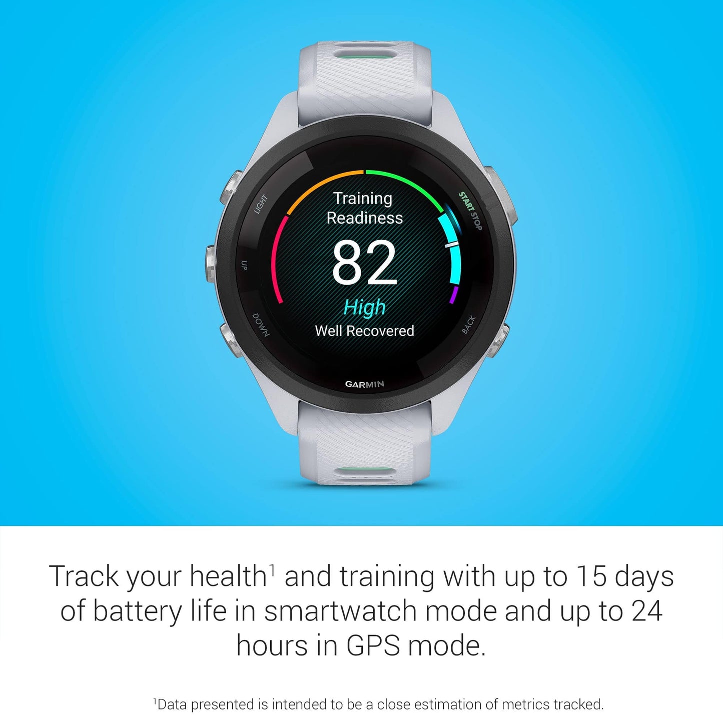 Reloj inteligente para correr Garmin Forerunner 265, pantalla AMOLED colorida, métricas de entrenamiento e información de recuperación, Whitestone y Tidal Blue 