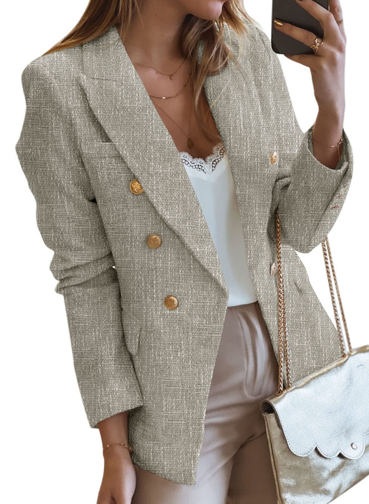 Happy Sailed Blazers de Tweed para Mujer Casual Manga Larga Doble Botonadura Frente Abierto Blazer Chaquetas Trajes de Trabajo 