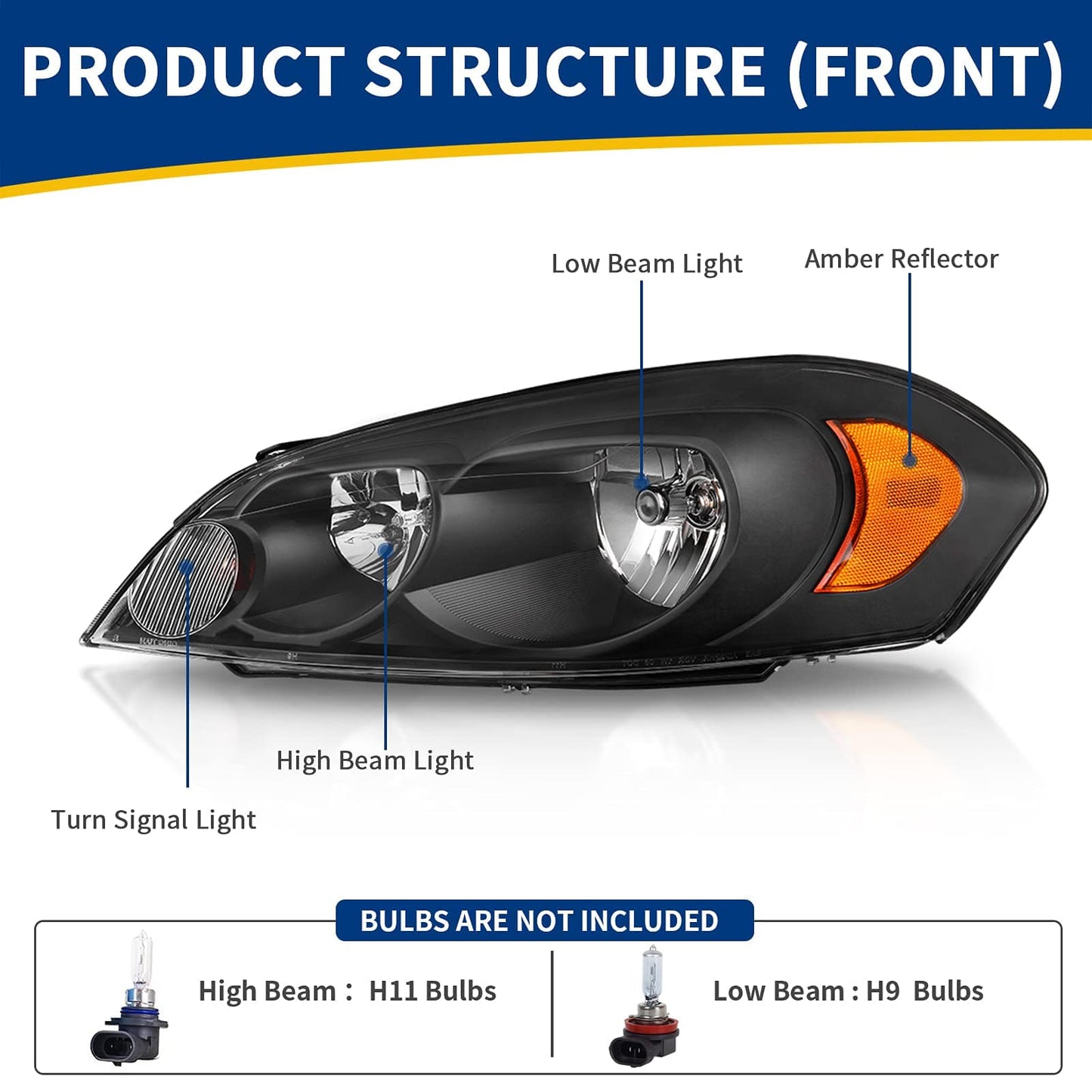 AUTOSAVER88 Headlight Assembly Compatible with 2006-2013 Chevy Impala 06 07 Chevy Monte Carlo Replacement Headlamp Driving Light Chrome Housing Amber Reflector Clear Lens