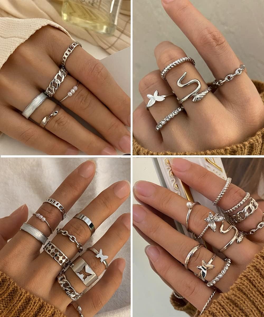 iF YOU 30 Pcs Gold Knuckle Rings Set for Women Girls, Boho Butterfly Snake Stackable Finger Rings, Silver Midi Rings Pack Xpress