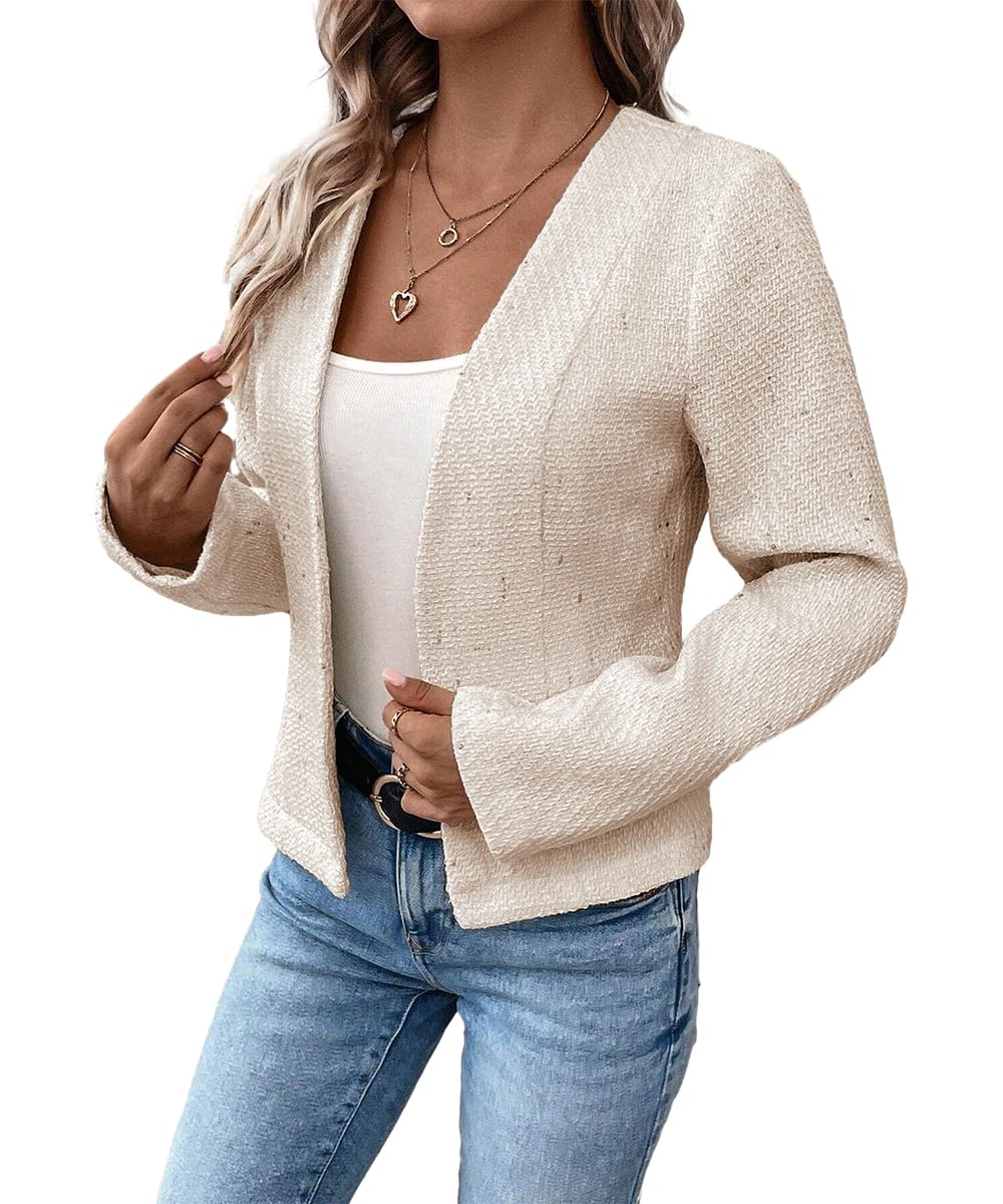 Mina Self 2024 Summer Cropped Collarless Blazer Lightweight Fully Lined Open Front Elegant Petite Work Office Jackets