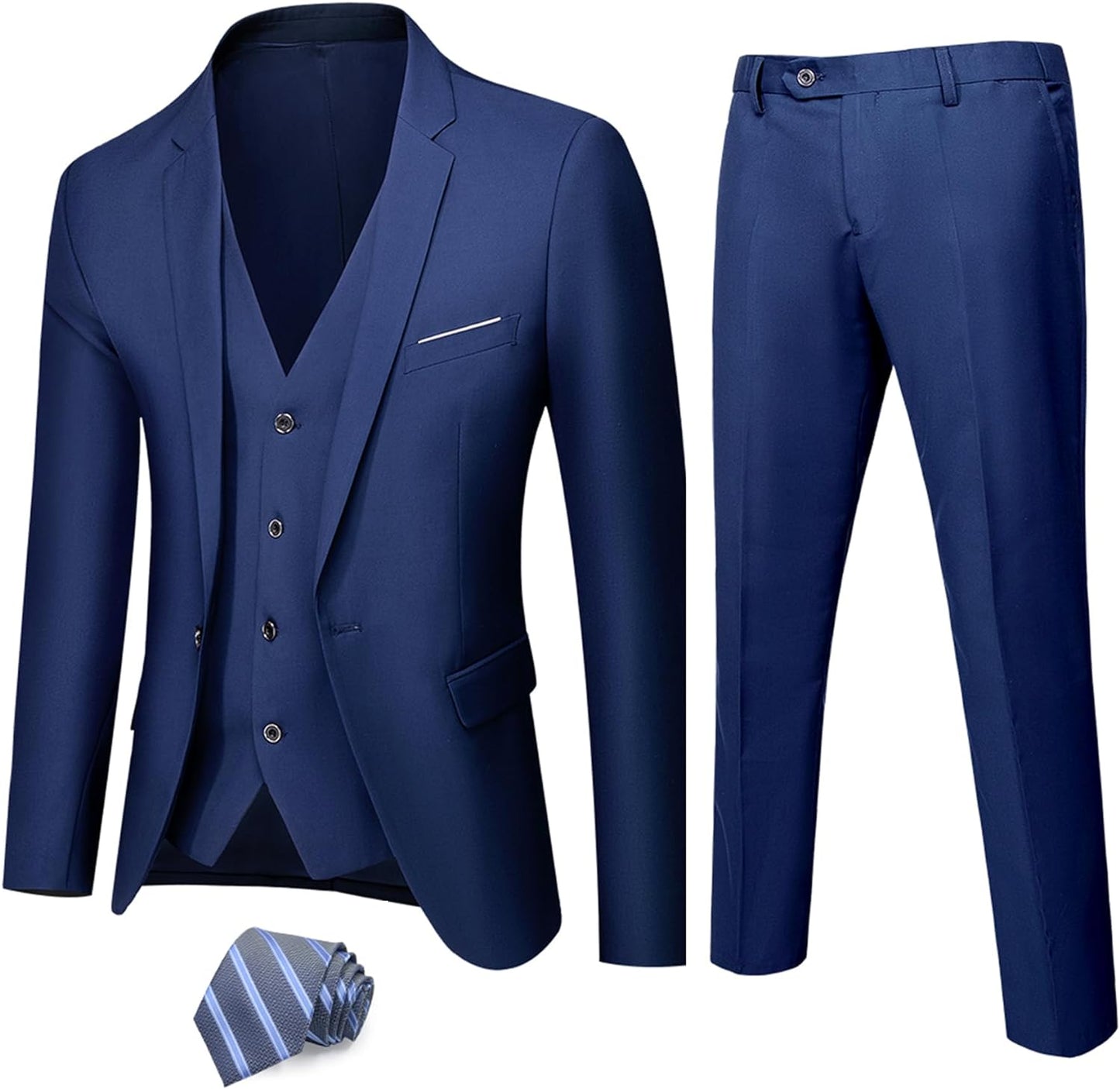 MY'S Men's 3 Piece Solid Suit Set, One Button Slim Fit Jacket Vest Pants with Tie