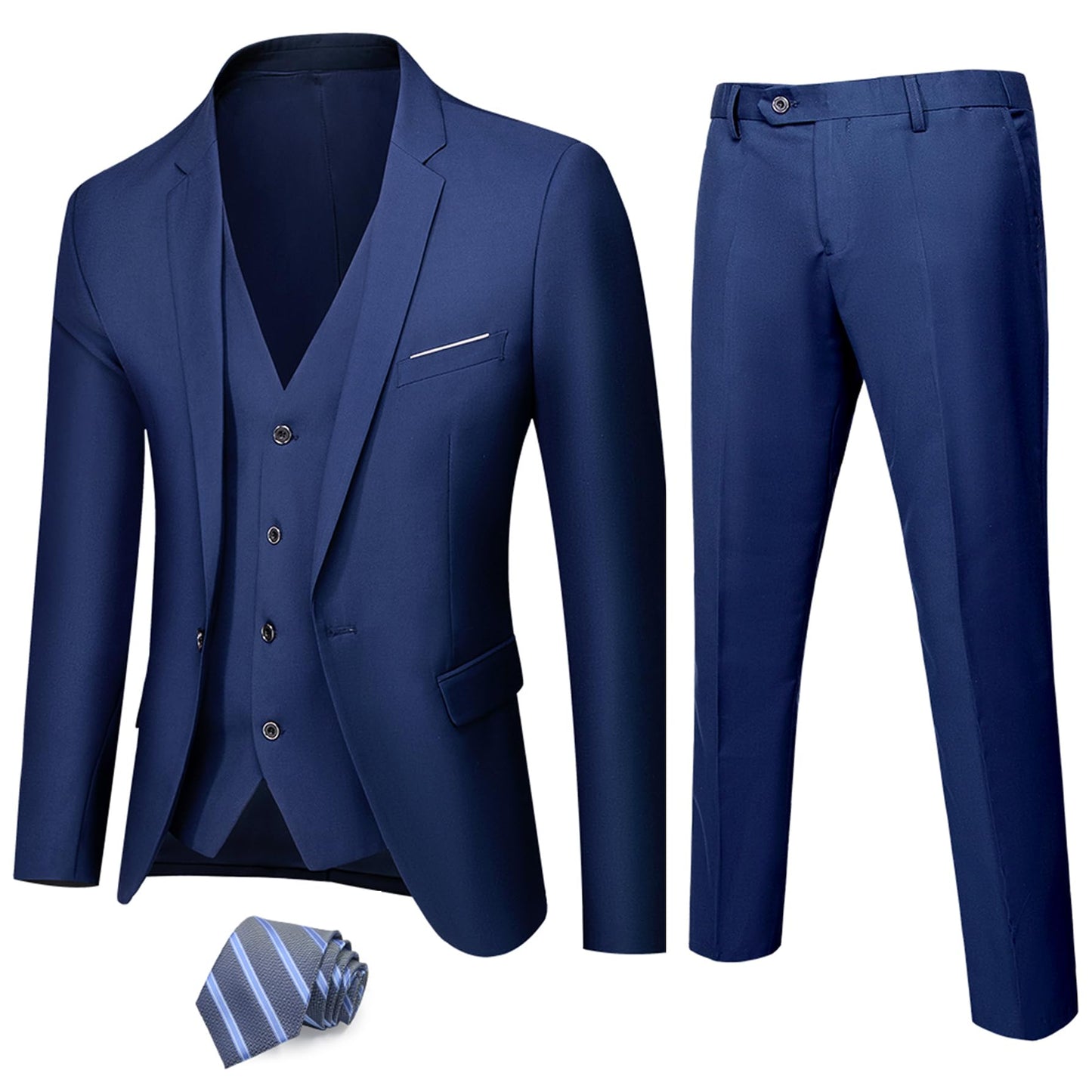 MY'S Men's 3 Piece Solid Suit Set, One Button Slim Fit Jacket Vest Pants with Tie