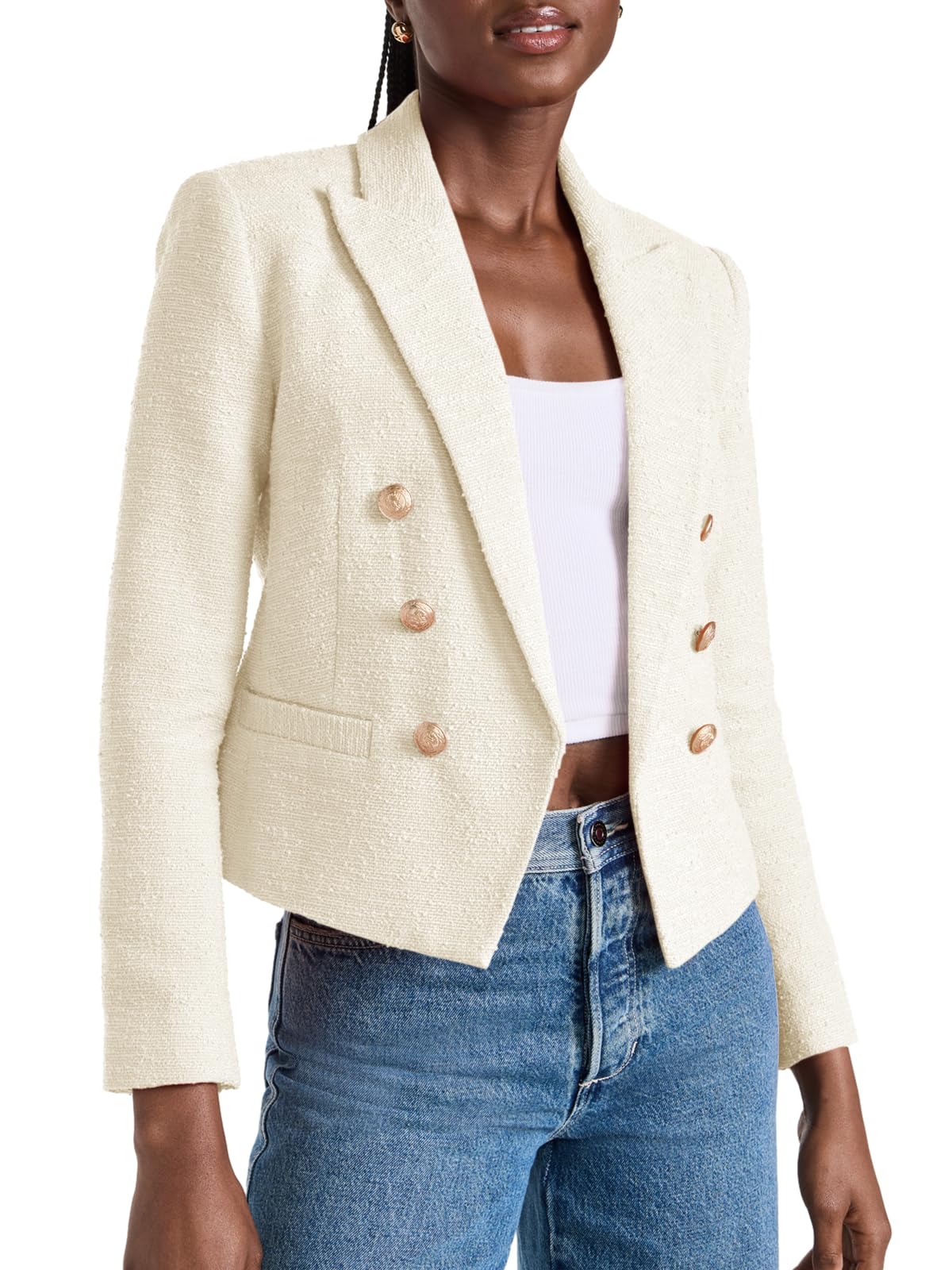 Cicy Bell Women Double Breasted Cropped Blazer Jackets Lapel Open Front Long Sleeve Business Suit Jackets with Pocket