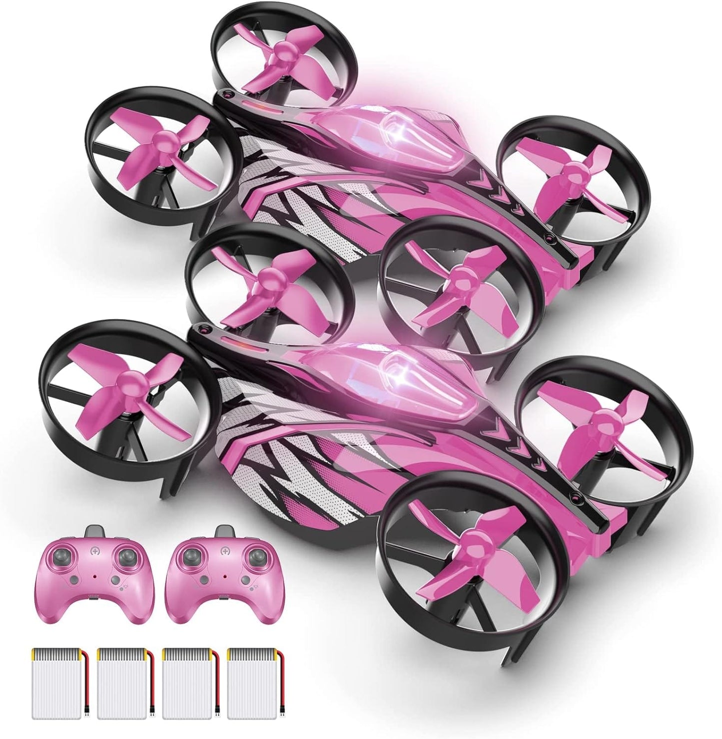 Mini drones 2 en 1 pour enfants, drone télécommandé avec mode terrestre ou mode vol, lumières LED, vol stationnaire automatique, retournement 3D, mode sans tête et 2 piles, jouets cadeaux pour garçons et filles (rose port) 