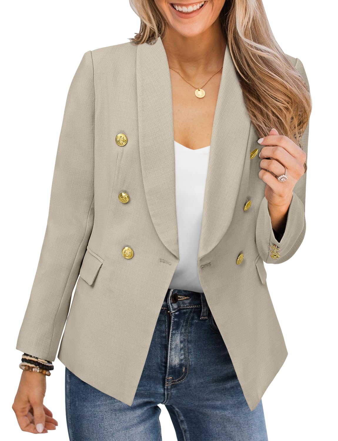 CRAZY GRID Veste blazer décontractée pour femme - Bouton doré - Manches longues - Bureau de travail - Revers ouvert sur le devant