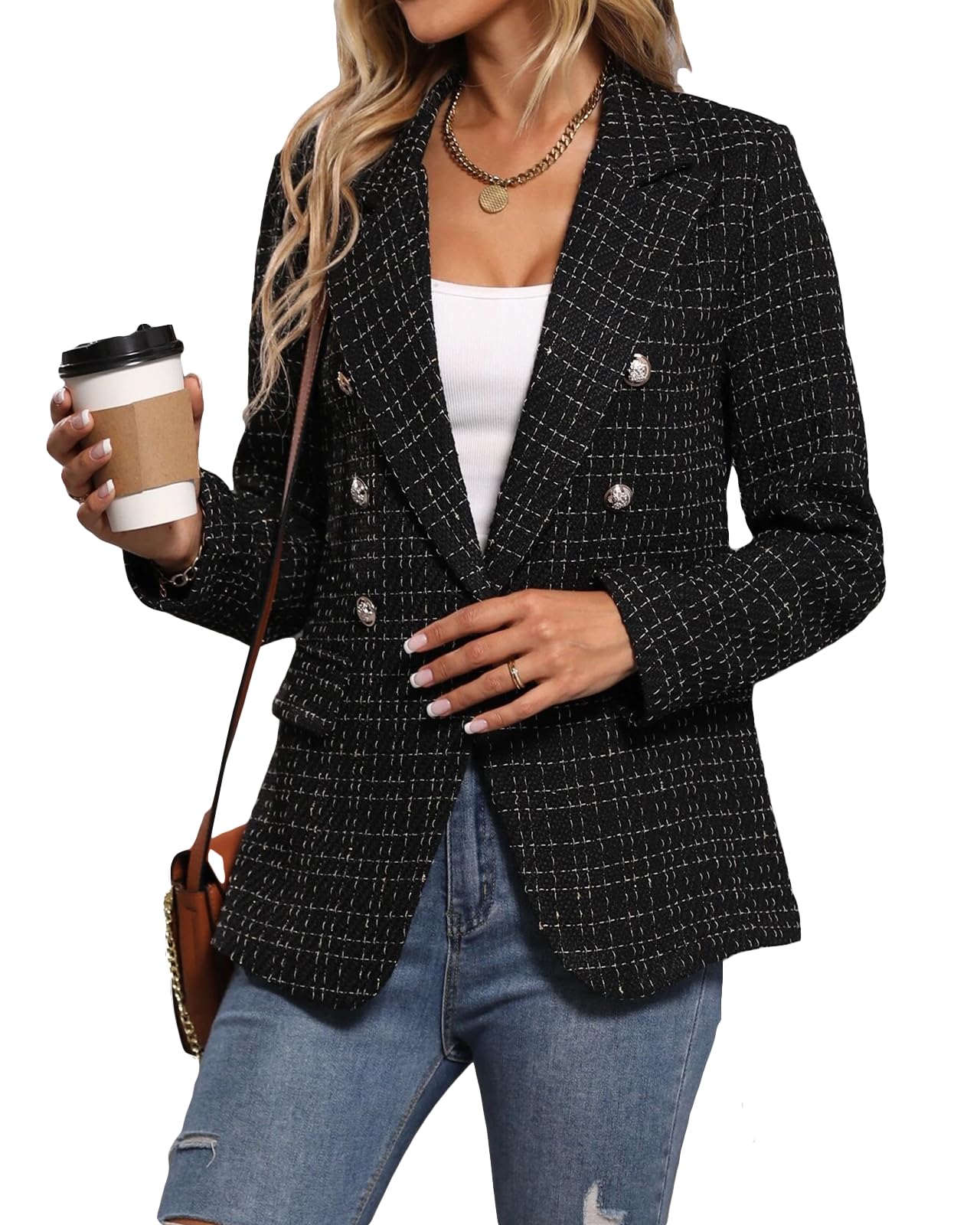 Womens Casual Blazer 2024 Spring Open Front Business Work Tweed Plaid Jacket Suit Pocket (S-XXL)