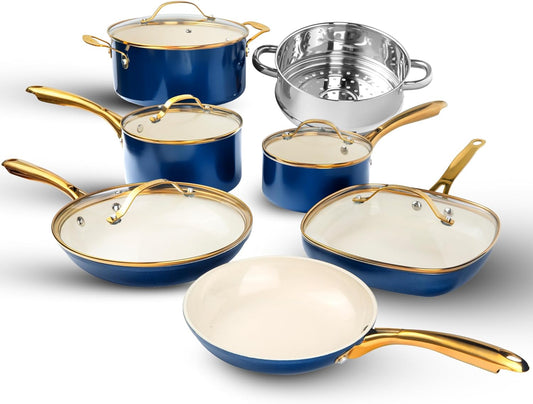 GOTHAM STEEL Lot de 12 casseroles et poêles en céramique antiadhésives, batterie de cuisine, batterie de cuisine, batterie de cuisine en céramique, batterie de cuisine non toxique, casseroles et poêles antiadhésives, passe au lave-vaisselle – Crème Marine