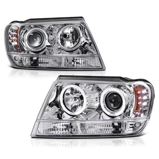 [For 1999-2004 Jeep Grand Cherokee] LED Halo Ring Chrome Housing Projector Headlight Headlamp Assembly, Driver & Passenger Side