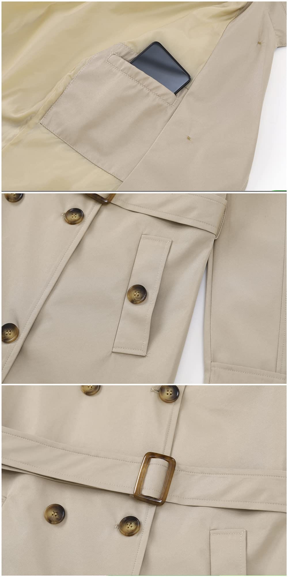 Chrisuno Trench-coat mi-long à double boutonnage pour femme avec ceinture et capuche amovible 