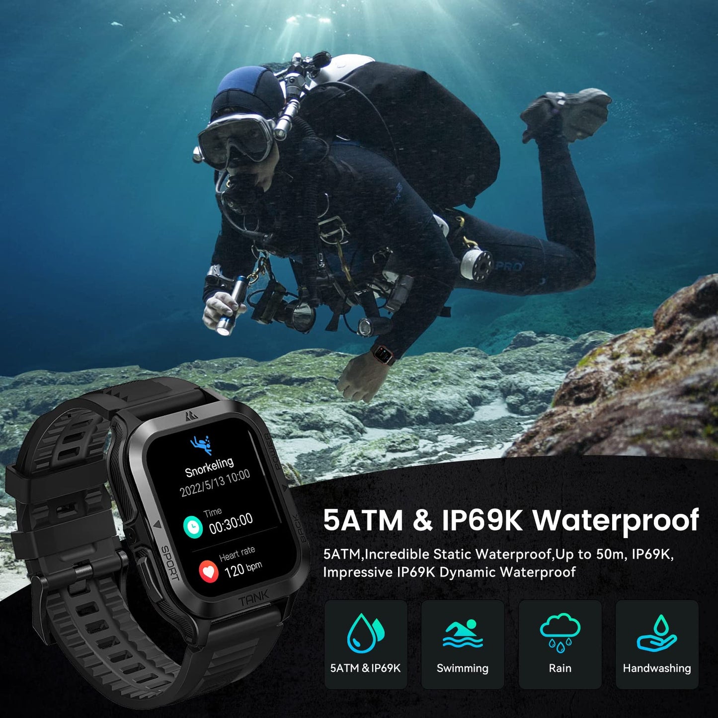 Reloj inteligente AMAZTIM, batería extralarga de 60 días, resistente al agua hasta 50 m, llamada Bluetooth militar resistente (responder/marcar llamadas), pantalla HD ultra grande de 1,85 pulgadas, asistente de voz AI, compatible con Android e iOS (rojo) 